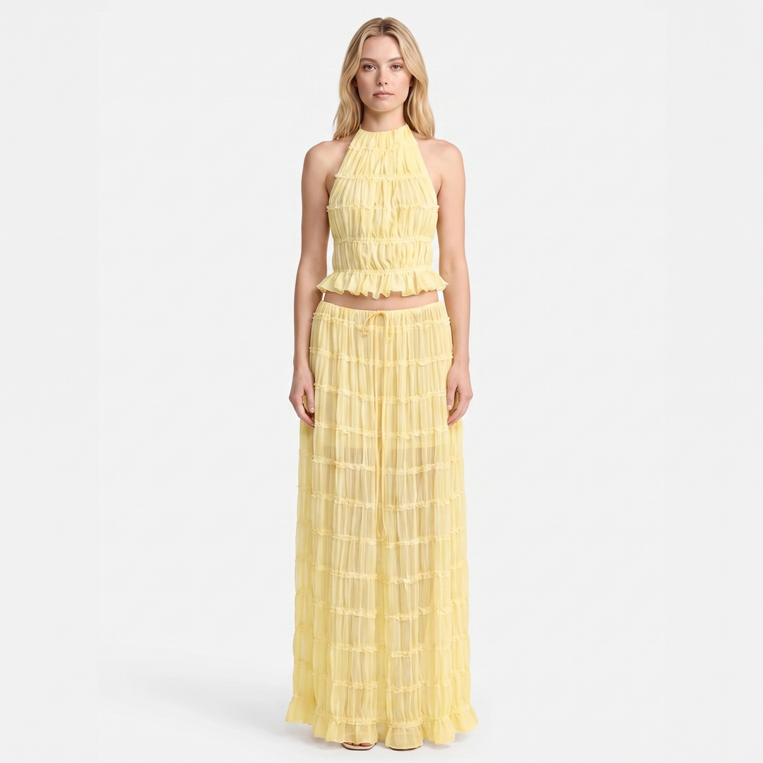 Women's Two Piece Set Halter Crop Top Ruffle Tiered Maxi Skirt