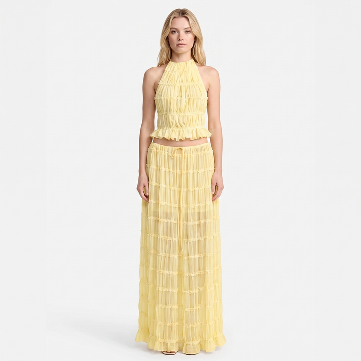 Women's Two Piece Set Halter Crop Top Ruffle Tiered Maxi Skirt