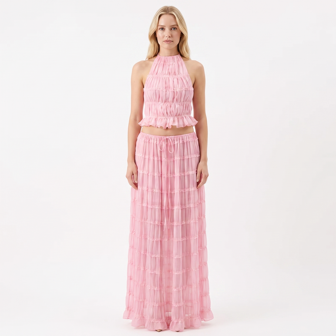 Women's Two Piece Set Halter Crop Top Ruffle Tiered Maxi Skirt