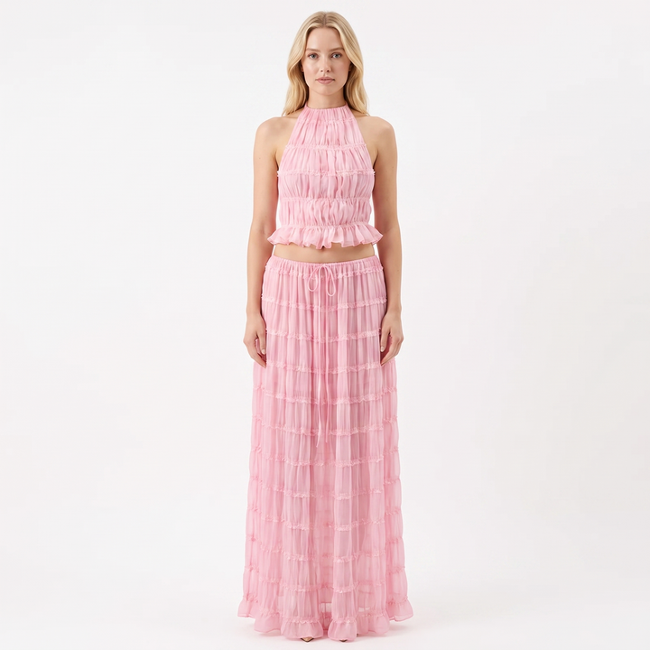 Women's Two Piece Set Halter Crop Top Ruffle Tiered Maxi Skirt