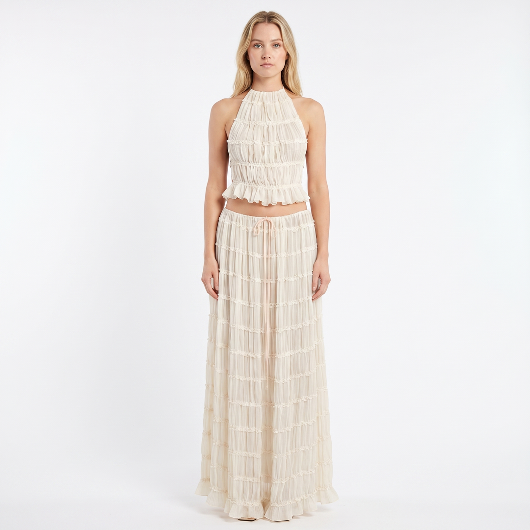 Women's Two Piece Set Halter Crop Top Ruffle Tiered Maxi Skirt
