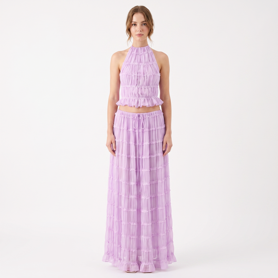 Women's Two Piece Set Halter Crop Top Ruffle Tiered Maxi Skirt
