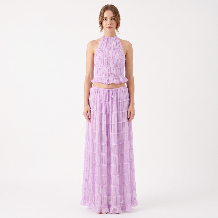 Women's Two Piece Set Halter Crop Top Ruffle Tiered Maxi Skirt