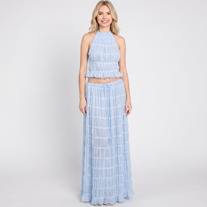 Women's Two Piece Set Halter Crop Top Ruffle Tiered Maxi Skirt