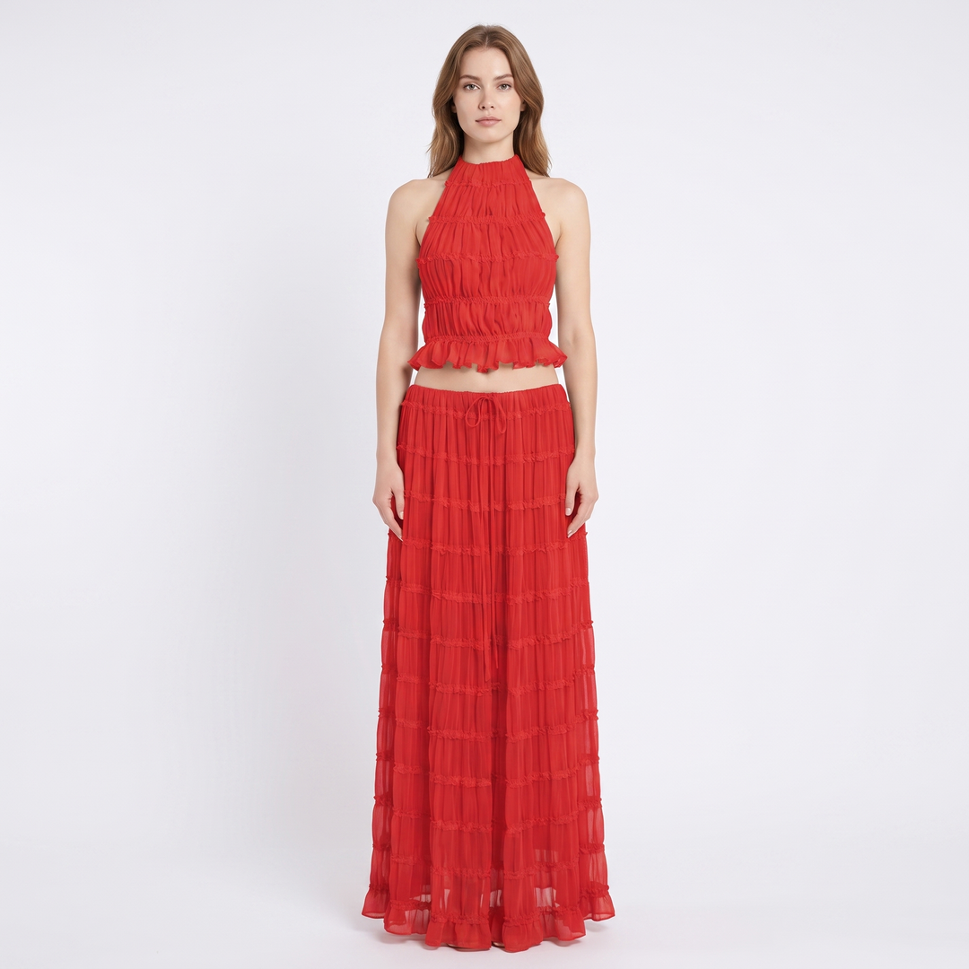 Women's Two Piece Set Halter Crop Top Ruffle Tiered Maxi Skirt