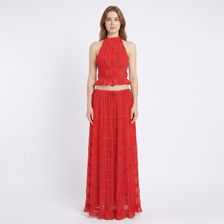 Women's Two Piece Set Halter Crop Top Ruffle Tiered Maxi Skirt
