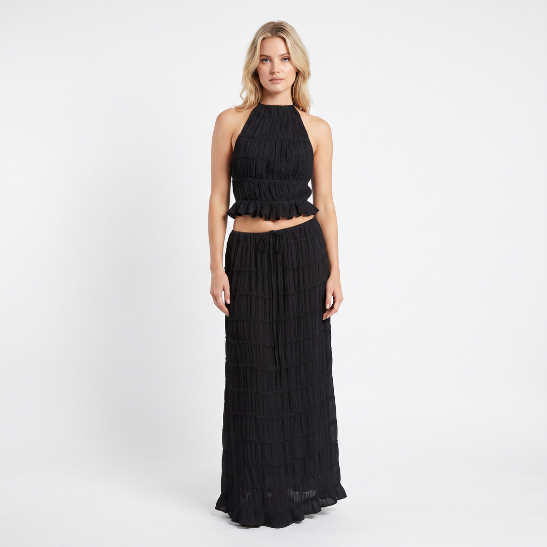 Women's Two Piece Set Halter Crop Top Ruffle Tiered Maxi Skirt