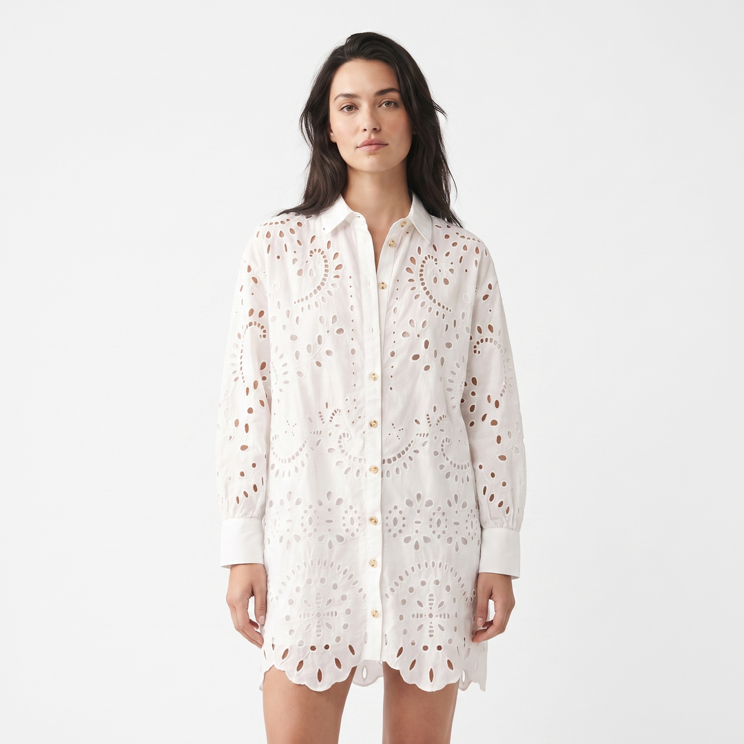 Women's Broderie Shirt Dress Oversized Button Down Eyelet Cotton