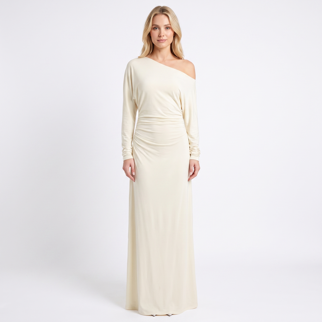 Women's One-Shoulder Long Sleeve Ruched Satin Maxi Dress