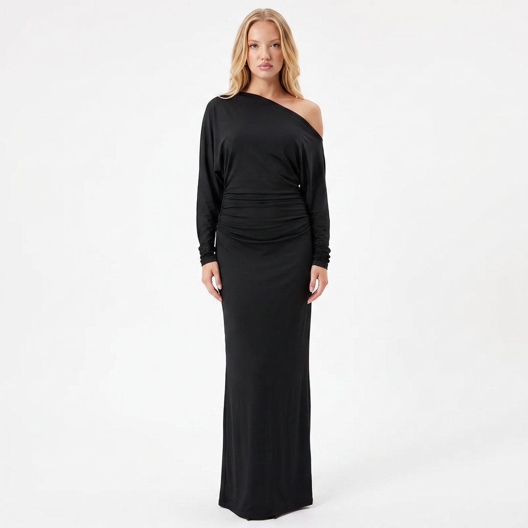 Women's One-Shoulder Long Sleeve Ruched Satin Maxi Dress