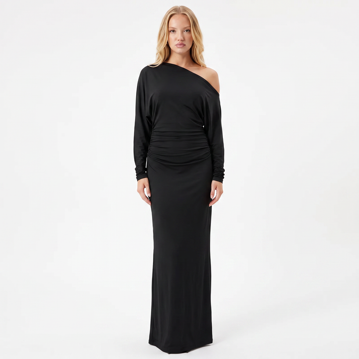 Women's One-Shoulder Long Sleeve Ruched Satin Maxi Dress