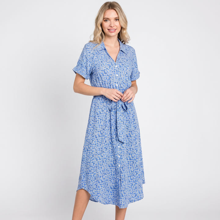 Women's Floral Shirt Dress Button Front Short Sleeve Tie Waist Midi