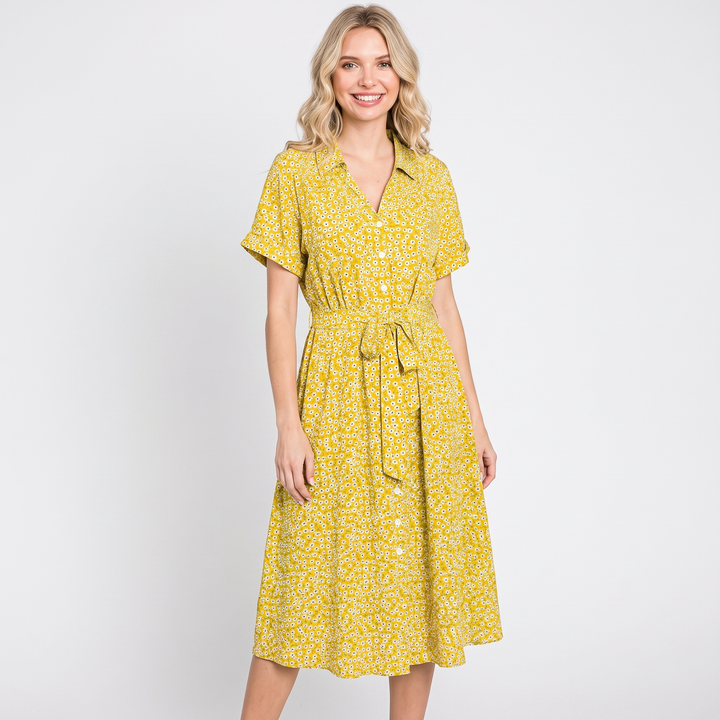 Women's Floral Shirt Dress Button Front Short Sleeve Tie Waist Midi