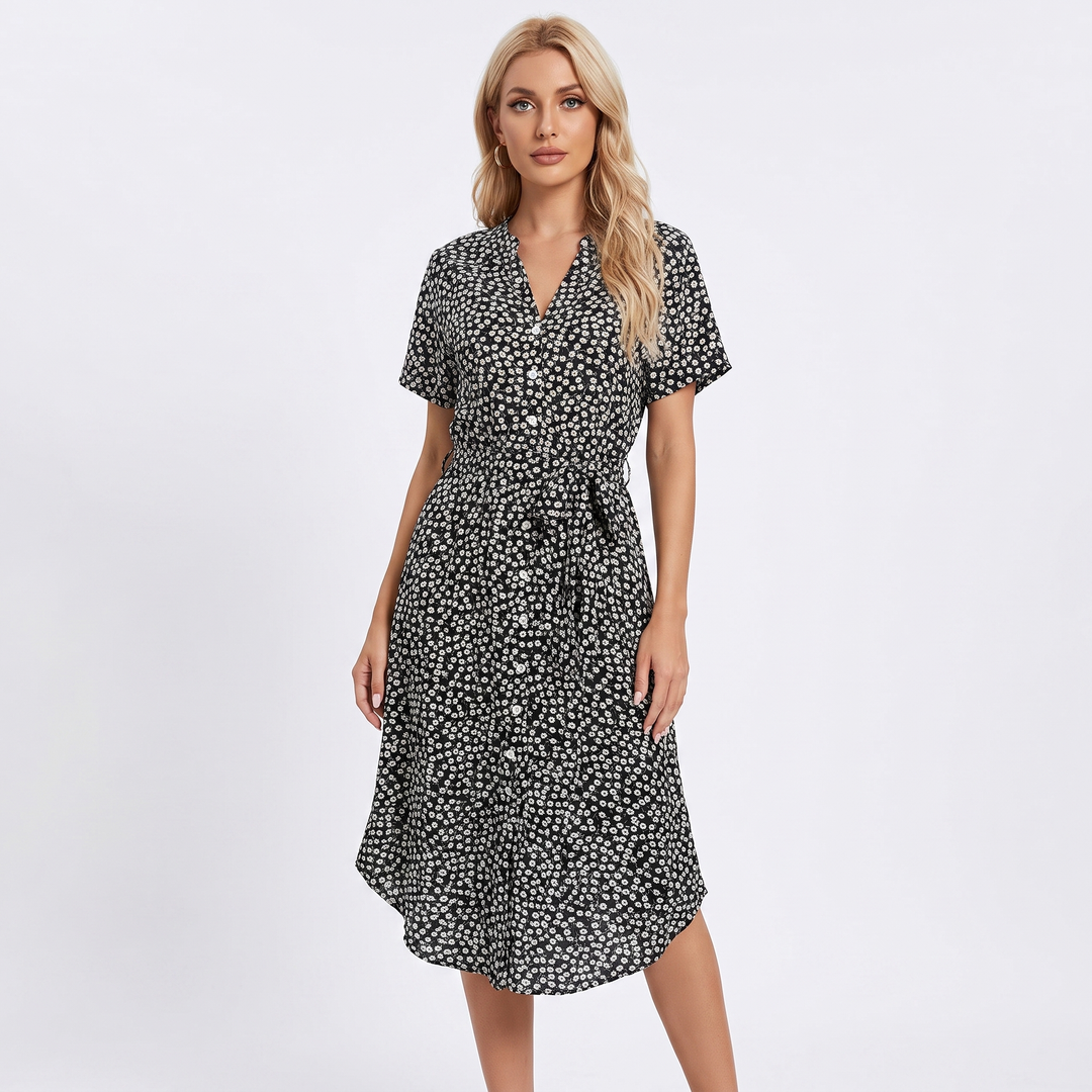 Women's Floral Shirt Dress Button Front Short Sleeve Tie Waist Midi