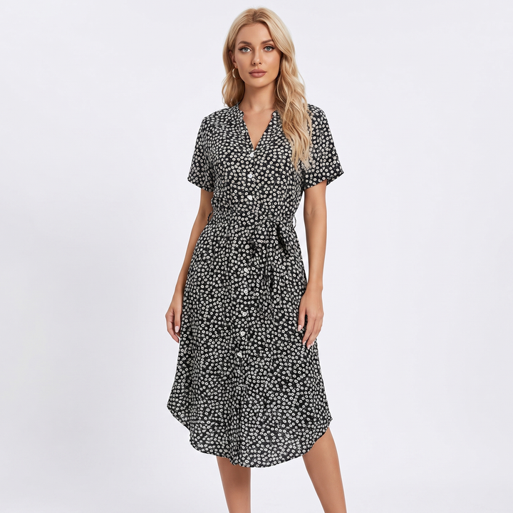 Women's Floral Shirt Dress Button Front Short Sleeve Tie Waist Midi