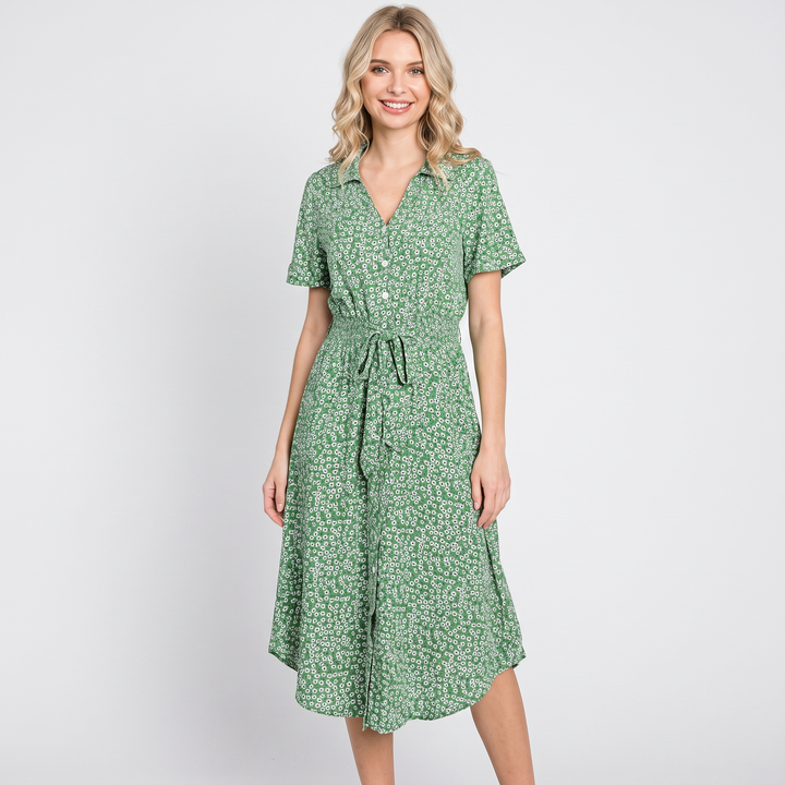 Women's Floral Shirt Dress Button Front Short Sleeve Tie Waist Midi