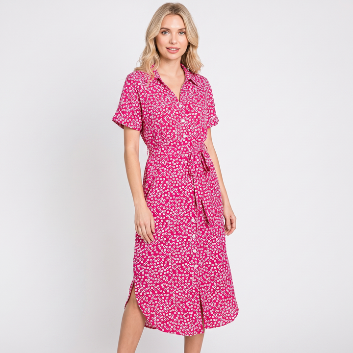 Women's Floral Shirt Dress Button Front Short Sleeve Tie Waist Midi