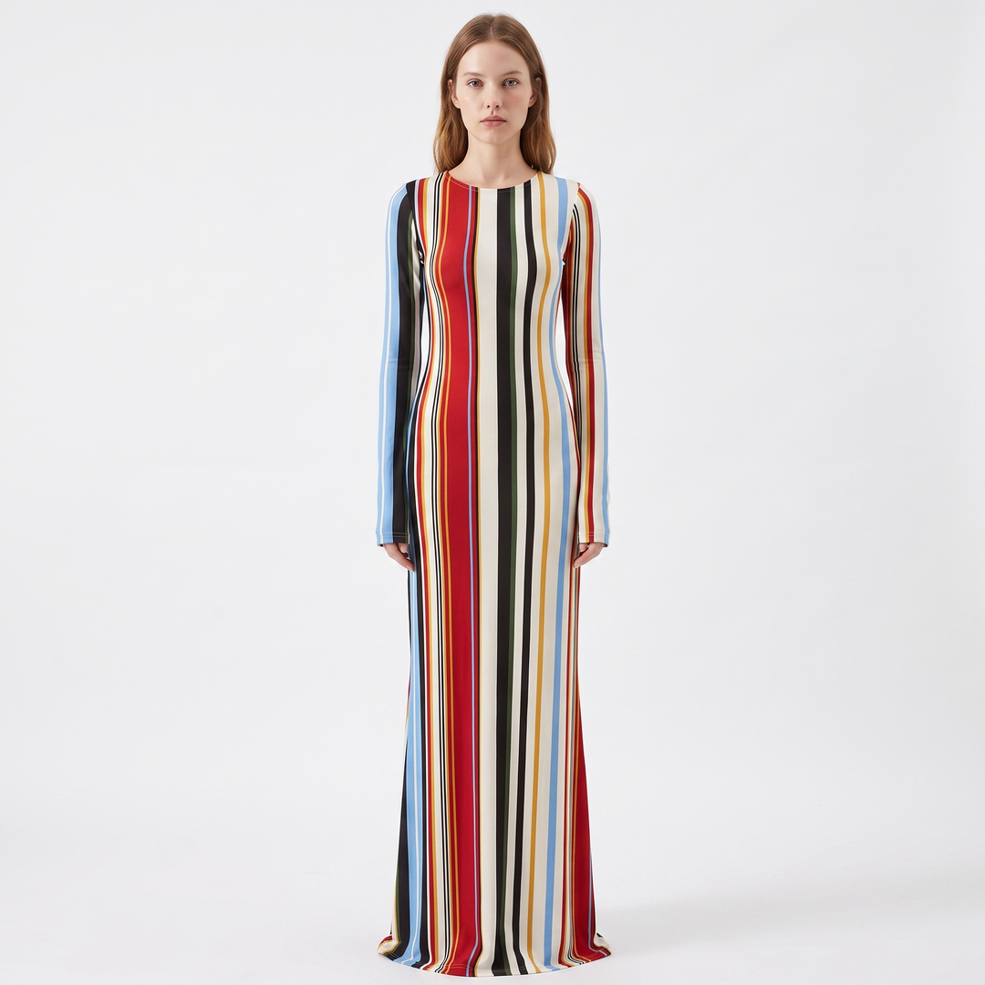 Women's Vertical Stripe Long Sleeve Maxi Dress Fitted Bodycon
