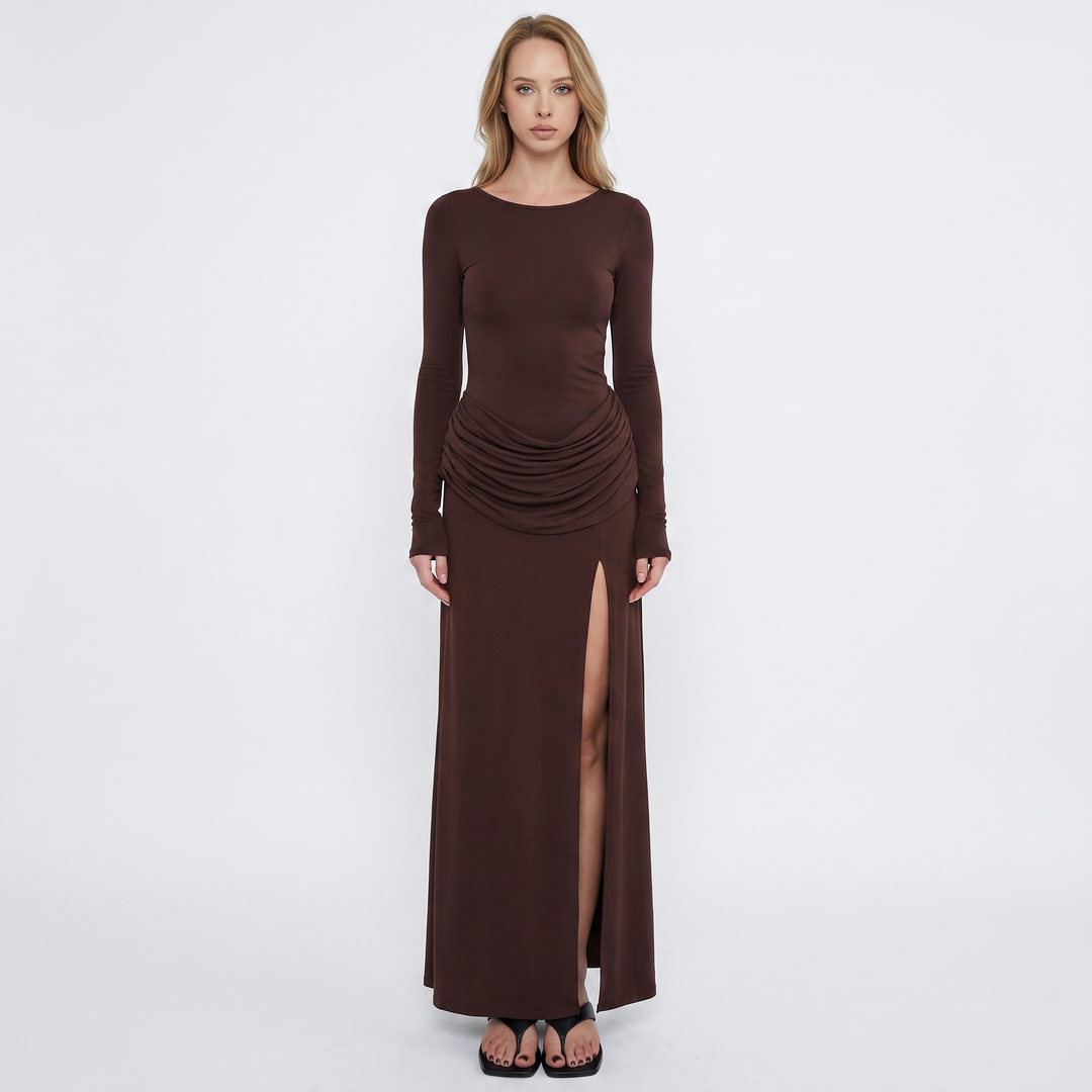 Women's Ruched Long Sleeve Maxi Dress with High Side Slit