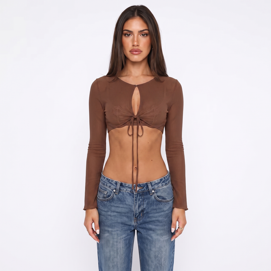 Women's Mesh Long Sleeve Cropped Top with Tie Front Keyhole