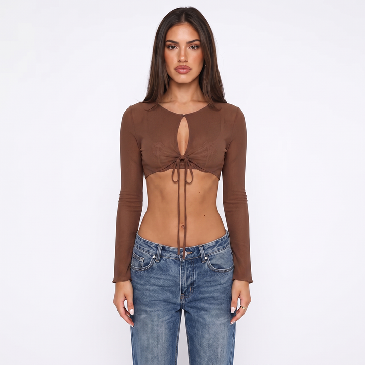 Women's Mesh Long Sleeve Cropped Top with Tie Front Keyhole