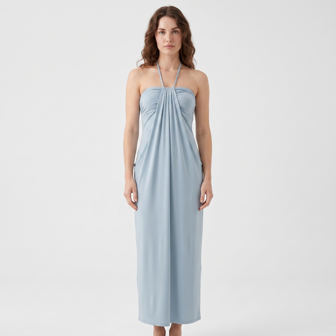 Women's Halter Neck Ruched Draped Maxi Dress