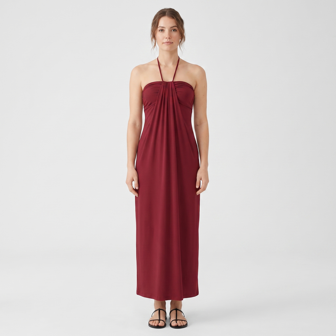 Women's Halter Neck Ruched Draped Maxi Dress