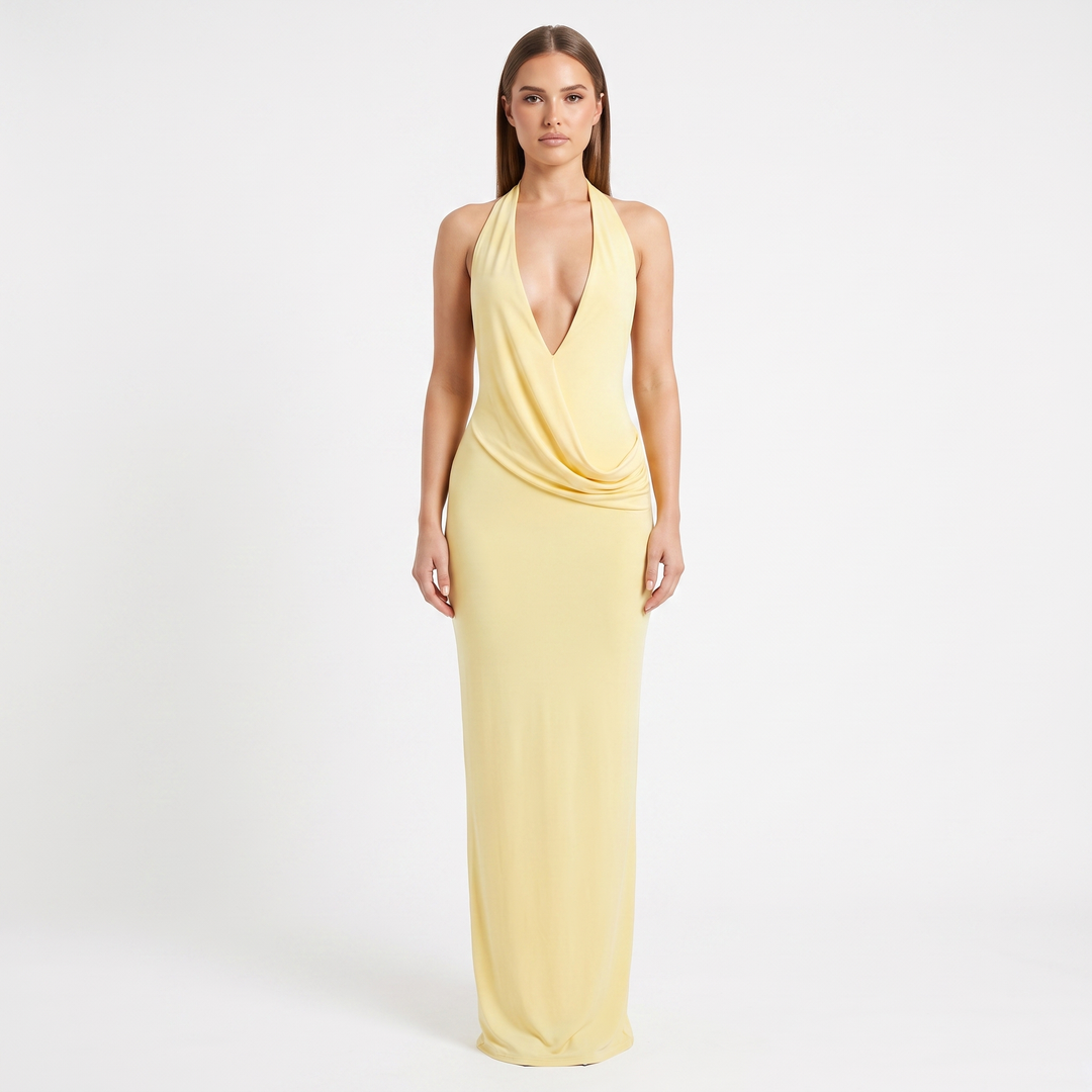Women's Halter Deep V-Neck Draped Maxi Dress