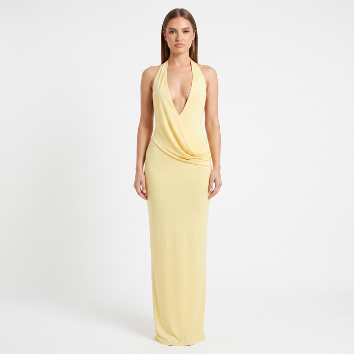Women's Halter Deep V-Neck Draped Maxi Dress