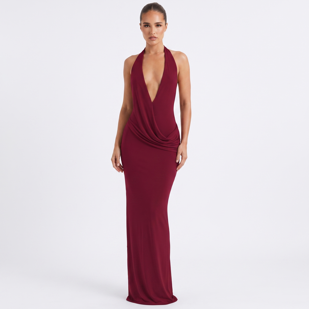 Women's Halter Deep V-Neck Draped Maxi Dress