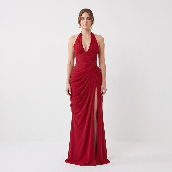 Women's Halter Neck Ruched Maxi Dress with High Slit