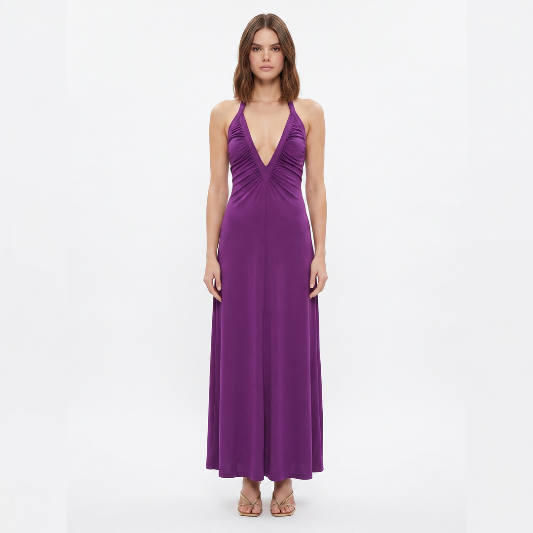 Women's Deep V Halter Neck Ruched A-Line Maxi Dress