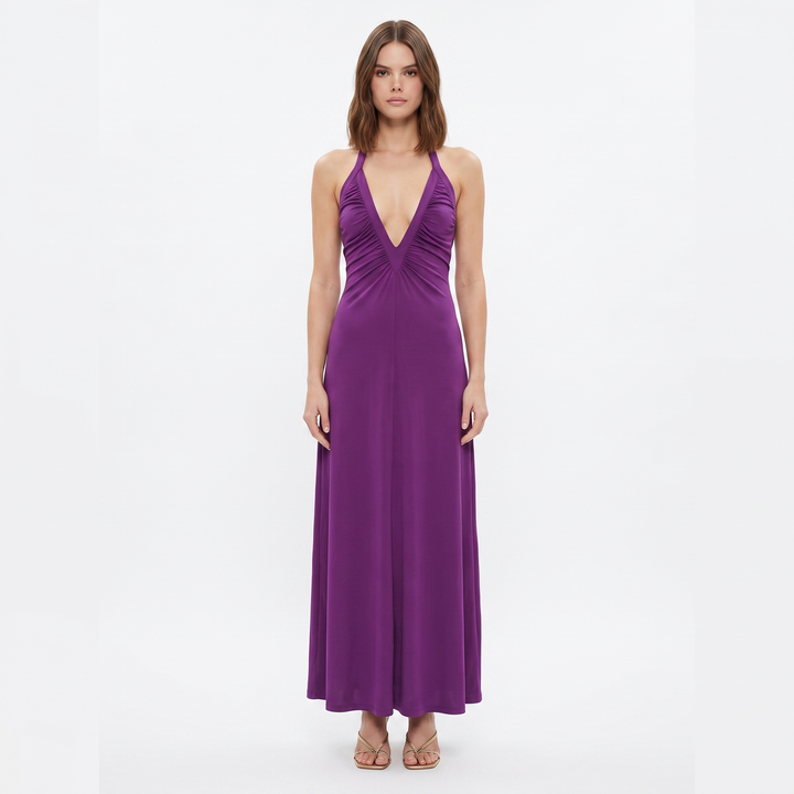 Women's Deep V Halter Neck Ruched A-Line Maxi Dress