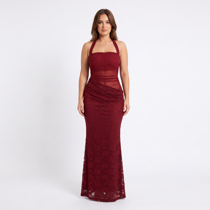 Women's Halter Neck Lace Panel Ruched Mermaid Maxi Dress