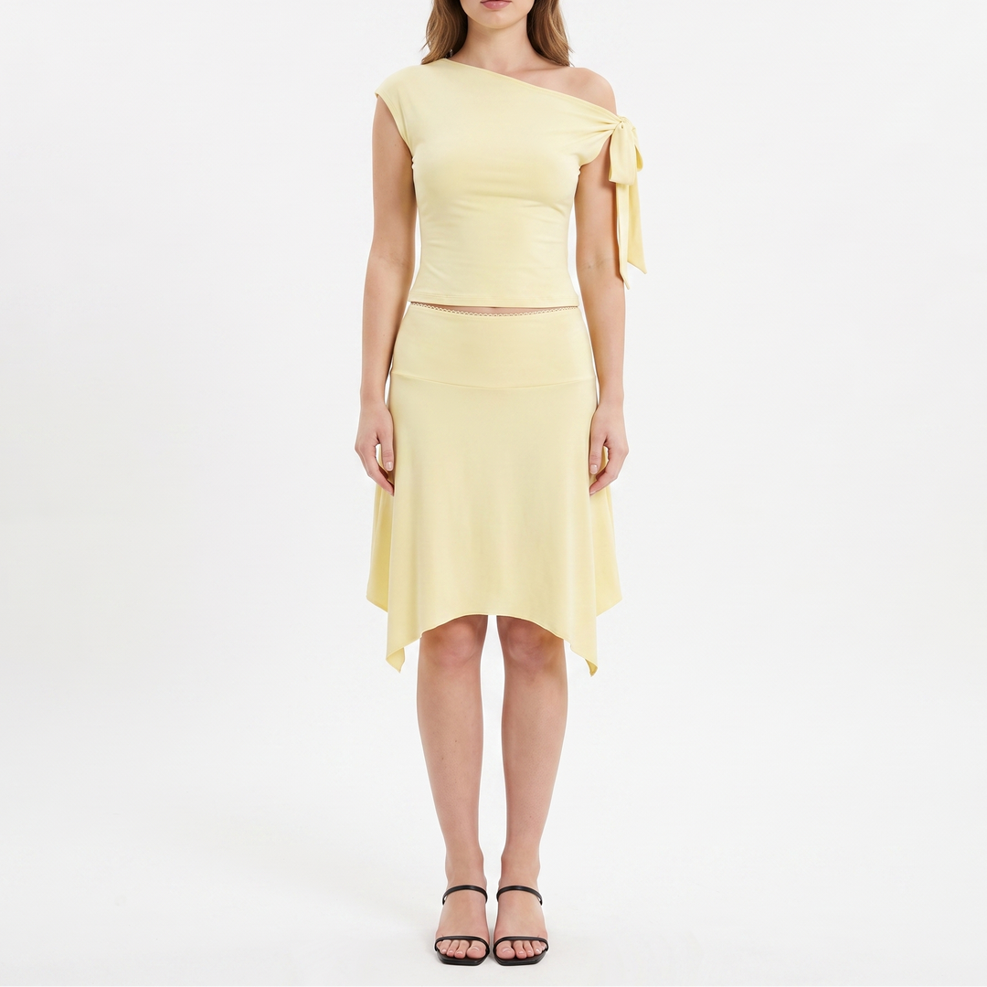 Women's Asymmetric Tie Shoulder Top and Handkerchief Midi Skirt Set