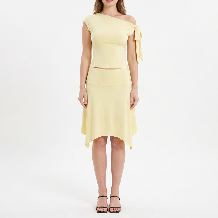 Women's Asymmetric Tie Shoulder Top and Handkerchief Midi Skirt Set