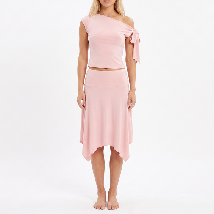 Women's Asymmetric Tie Shoulder Top and Handkerchief Midi Skirt Set