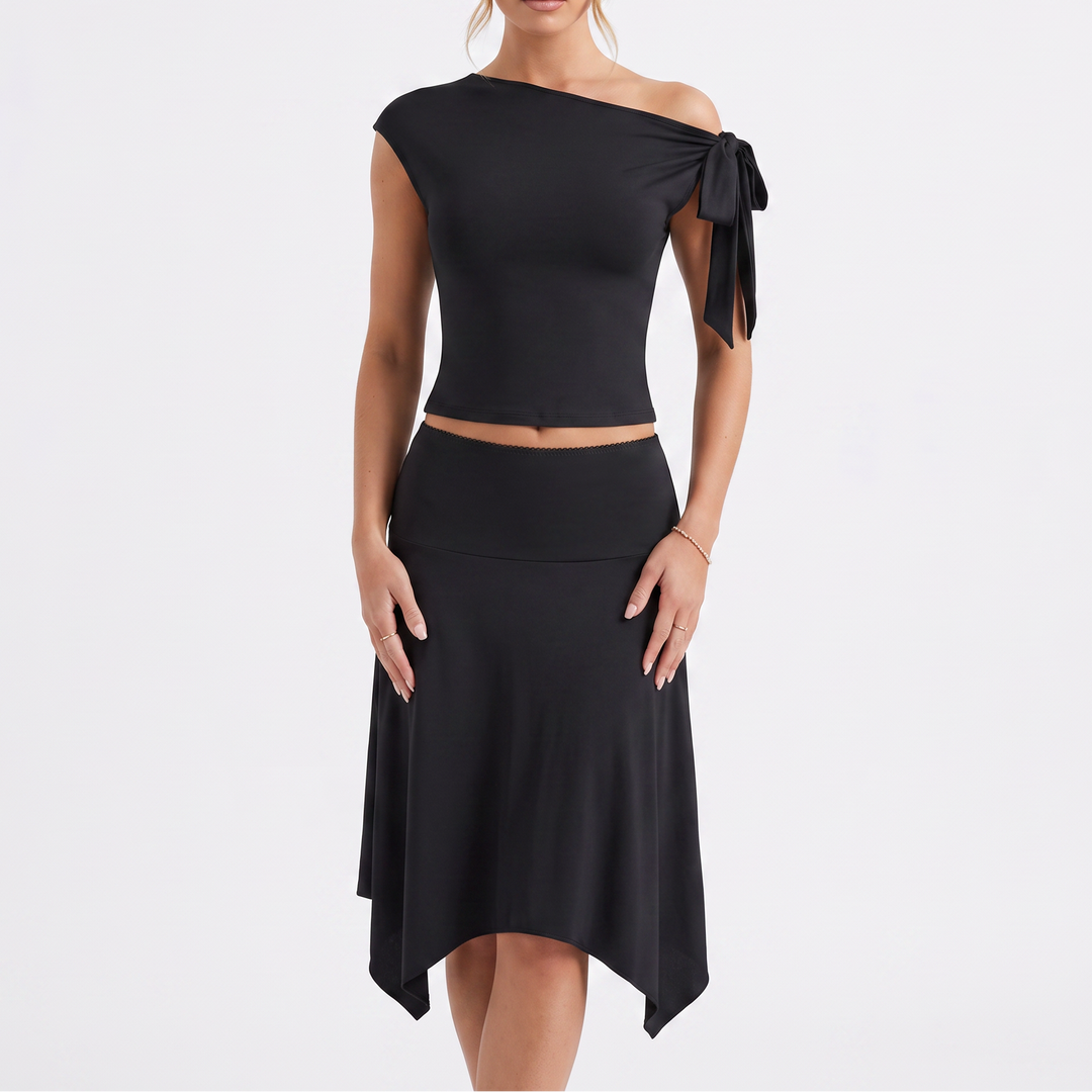 Women's Asymmetric Tie Shoulder Top and Handkerchief Midi Skirt Set