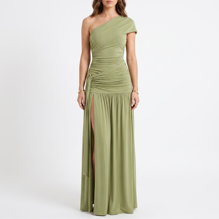 Women's One-Shoulder Ruched Maxi Dress with High Slit