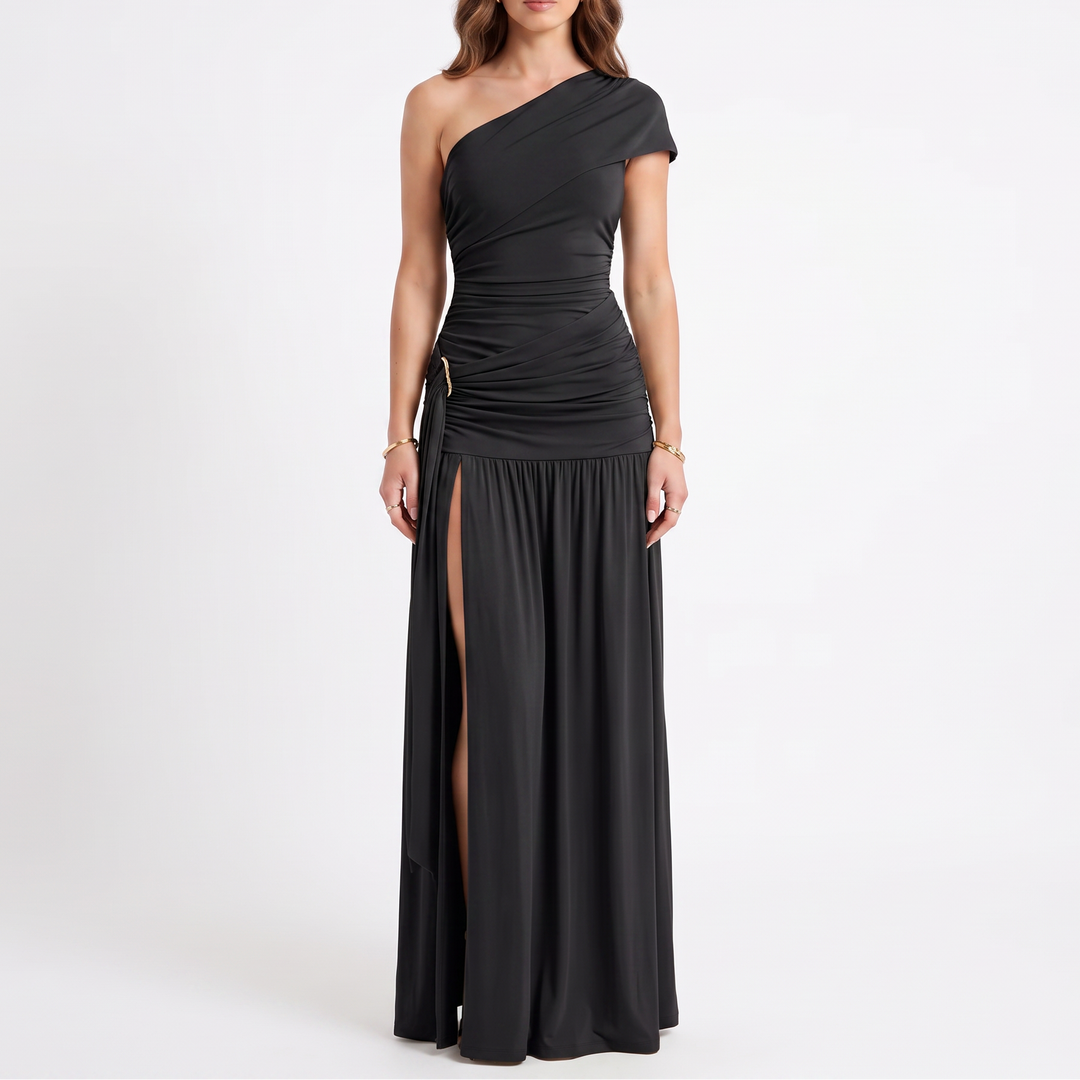 Women's One-Shoulder Ruched Maxi Dress with High Slit