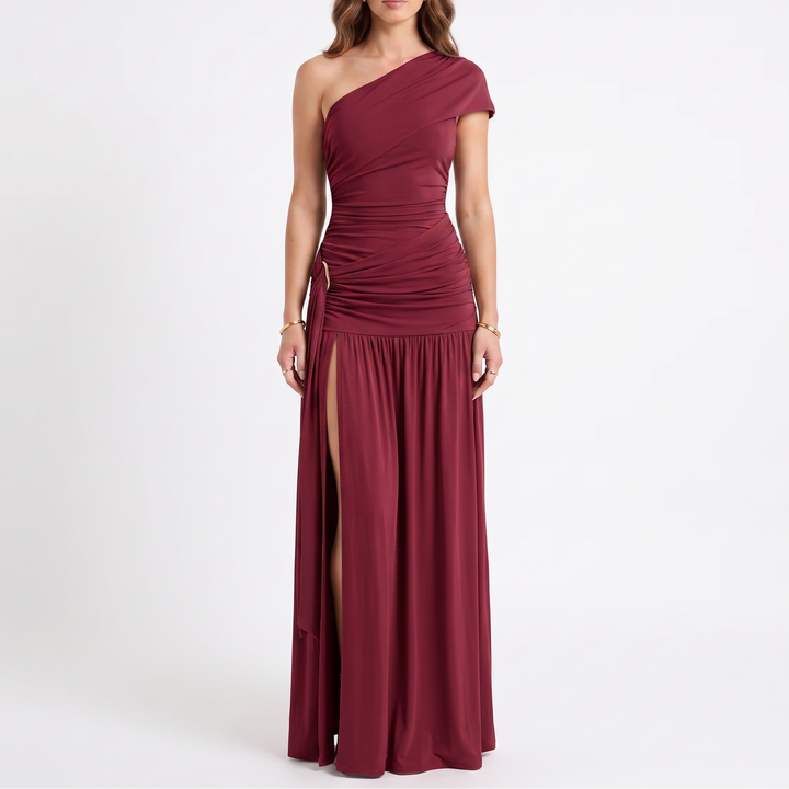 Women's One-Shoulder Ruched Maxi Dress with High Slit