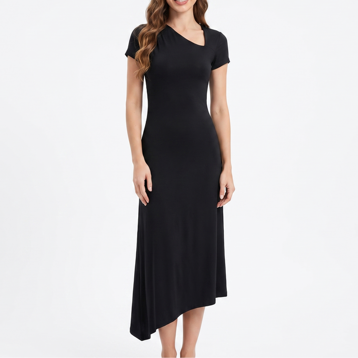 Women's Satin Asymmetric Cutout Short Sleeve Maxi Dress