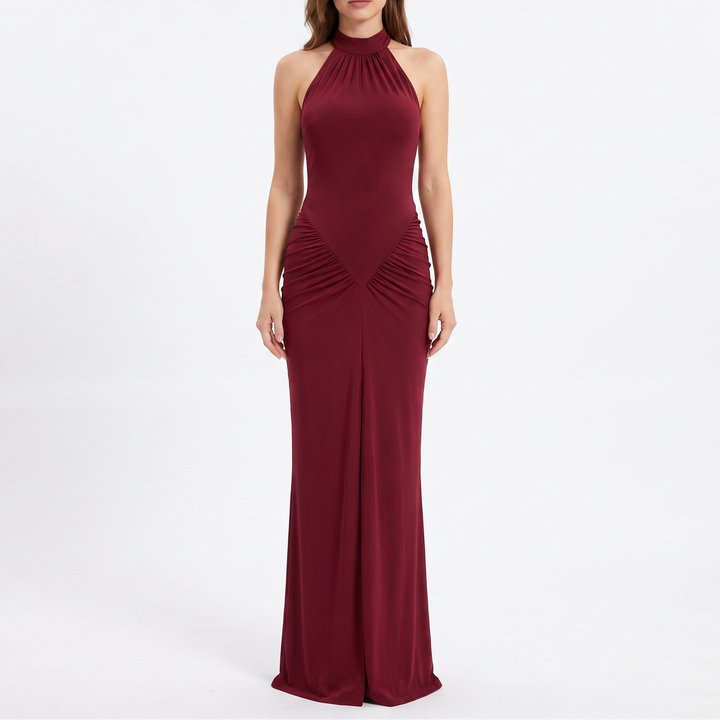 Women's Halter Mock Neck Ruched Maxi Dress with Slit