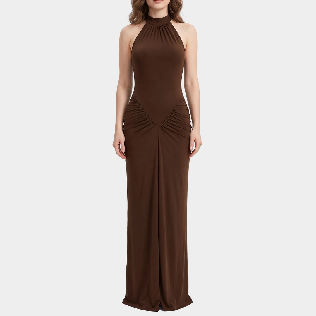 Women's Halter Mock Neck Ruched Maxi Dress with Slit