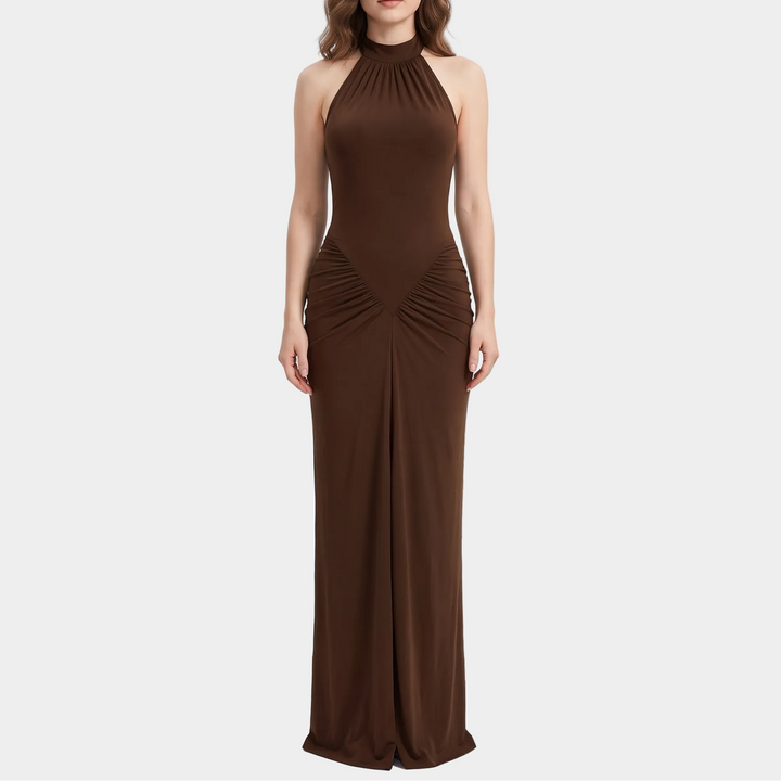 Women's Halter Mock Neck Ruched Maxi Dress with Slit