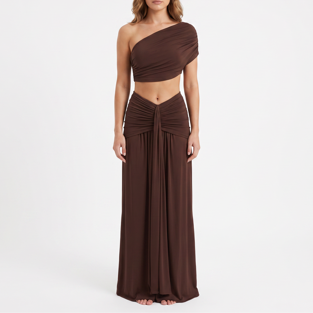 Women's One-Shoulder Crop Top and Ruched Maxi Skirt Set
