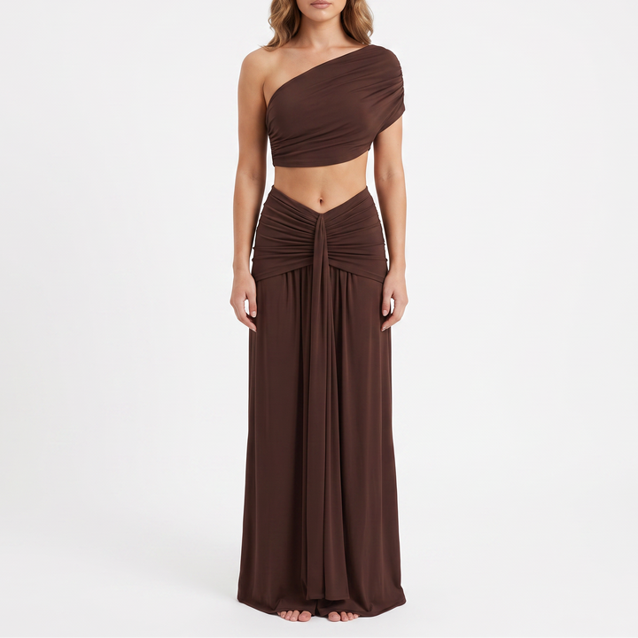 Women's One-Shoulder Crop Top and Ruched Maxi Skirt Set