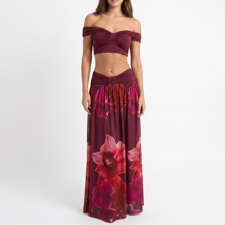 Women's Off-Shoulder Crop Top and Floral Print Maxi Skirt Set