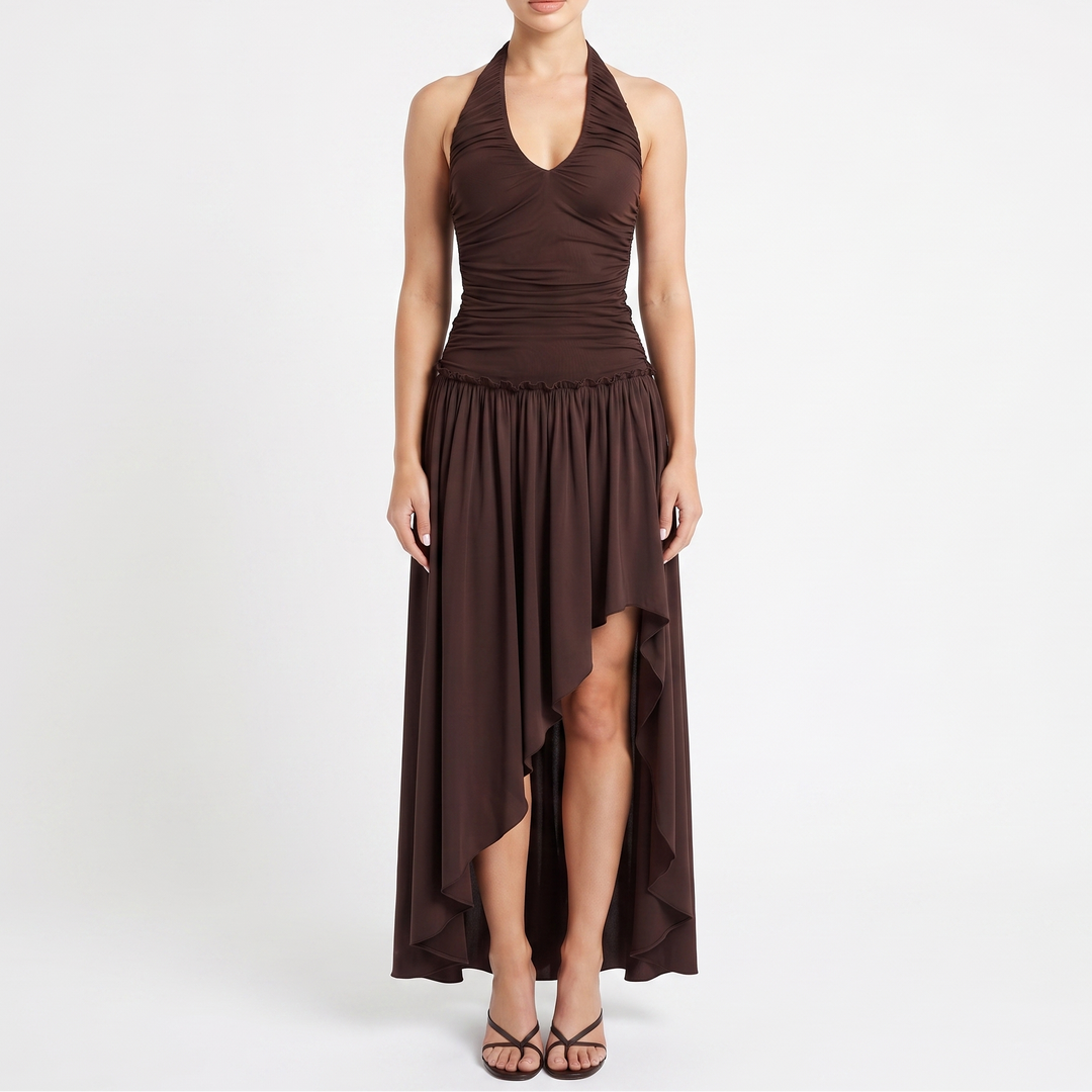 Women's Halter Neck Ruched Asymmetric Hem Midi Dress