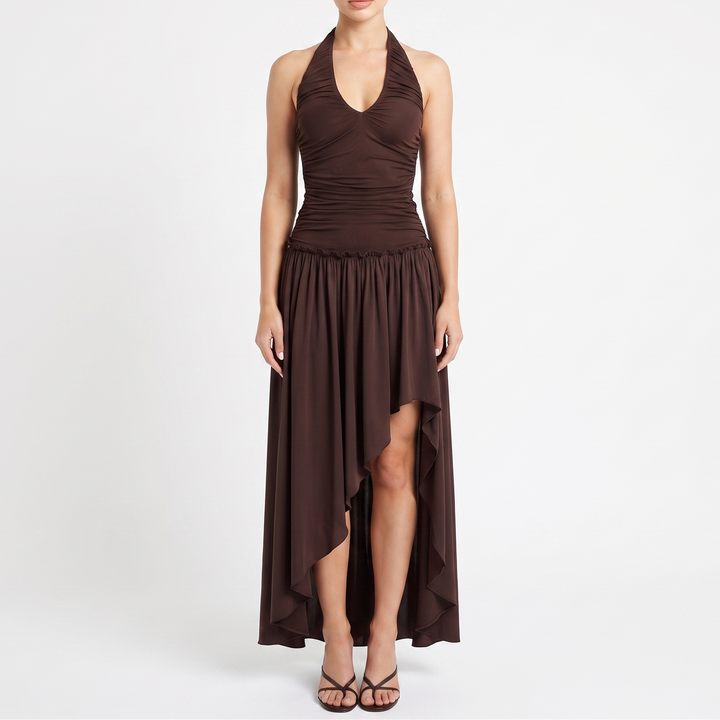Women's Halter Neck Ruched Asymmetric Hem Midi Dress